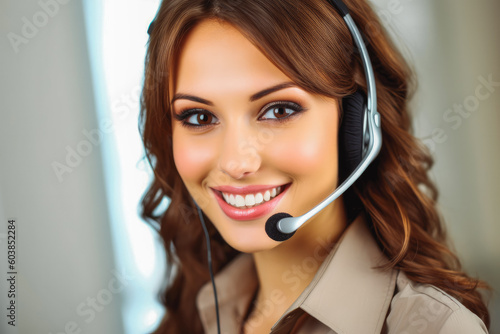 Face of young charming confident woman with headset. Woman working in marketing call center. Generative AI