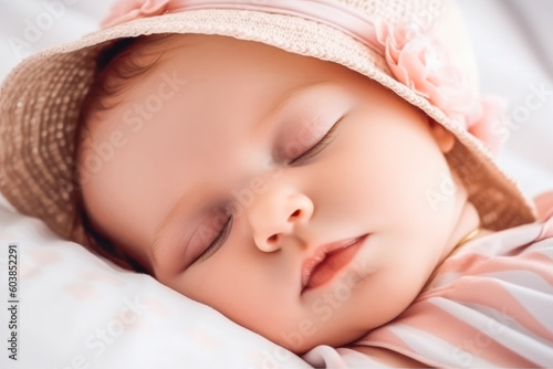 Close up portrait of a beautiful sleeping baby on white sheets. Cute little baby sleeping in soft crib at home. Generative AI