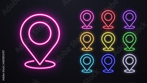 A set of neon card pin code icons. Marking the GPS navigator geotag on the map.