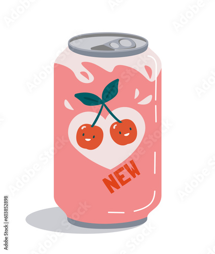 Soda aluminum can cherry. Juice in iron package with pink sticker. Tasty cold liquid and beverage. Sticker for social networks and messengers. Cartoon flat vector illustration