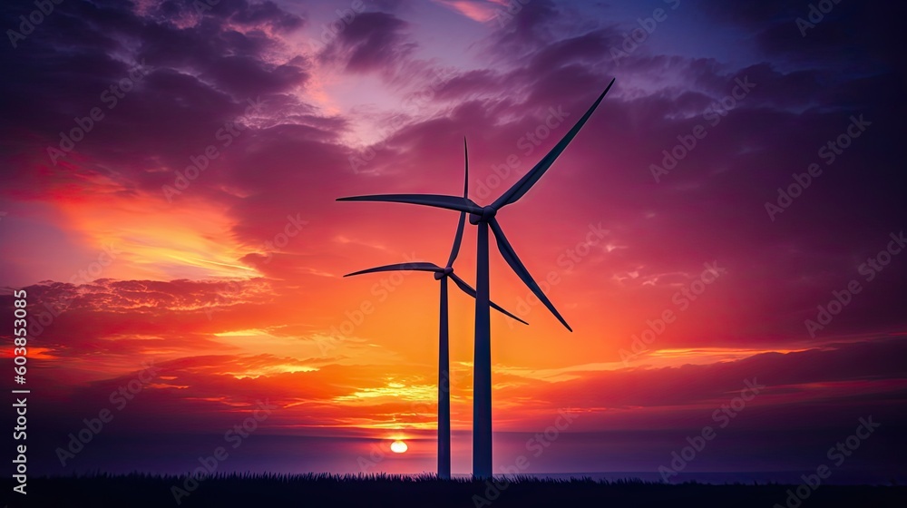 Obraz premium Earth Day. Silhouette of a wind turbine at twilight, renewable energy sources, progress and sustainability in environmentally sensitive areas. Generative ai