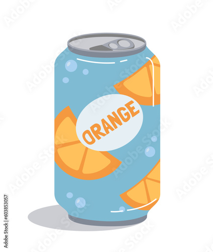 Soda aluminum can orange. Juice from natural and organic products. Cold and refreshing drink with sugar at steel package. Poster or banner for website. Cartoon flat vector illustration