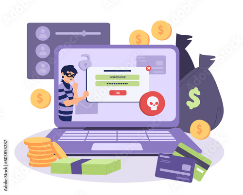 Stealing information concept. Man in mask stands on laptop screen near field with login and password. Internet hacker and scammer. Online danger. Cartoon flat vector illustration