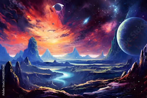 Space Landscape  An illustration depicting a beautiful and mysterious space landscape with planets  stars  and galaxies. Bright colors and a deep space background will capture attention. Generative AI