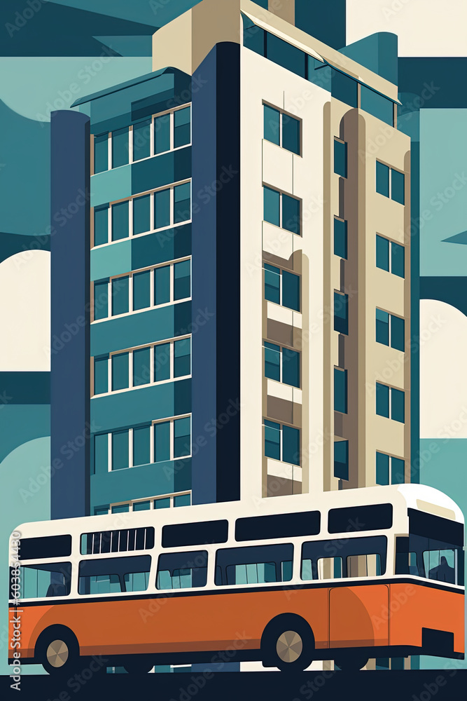 Bus, public transport in modern city, Bauhaus style background, 20s geometric design, generative AI digital art.