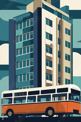 Bus, public transport in modern city, Bauhaus style background, 20s geometric design, generative AI digital art. © tilialucida