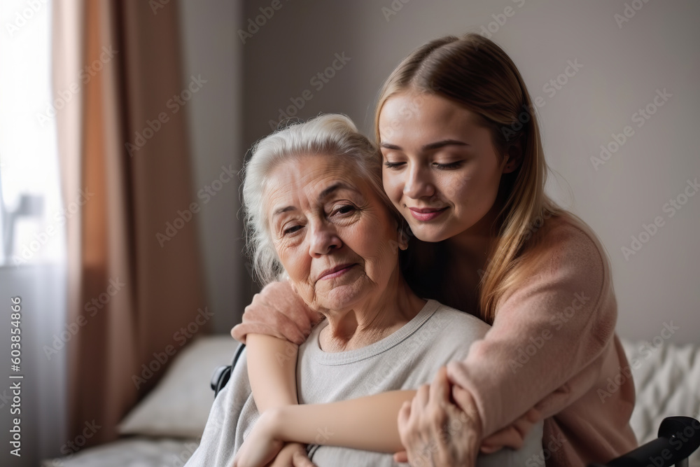 A Granddaughter hugging her grandmother who is sitting on a bed A Granddaughter hugging her grandmother who is sitting on a bed