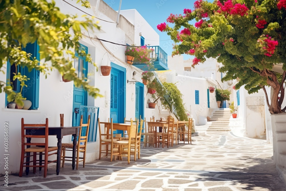 Fototapeta premium Picturesque and touristy cobbled street in Greece. Ai generated.