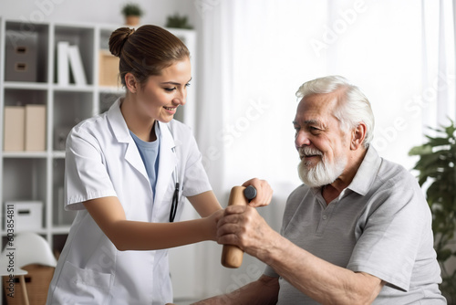 A nurse helping an elderly man with a hammer photo
