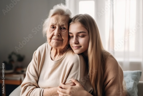 An older woman hugging a younger woman on a couch