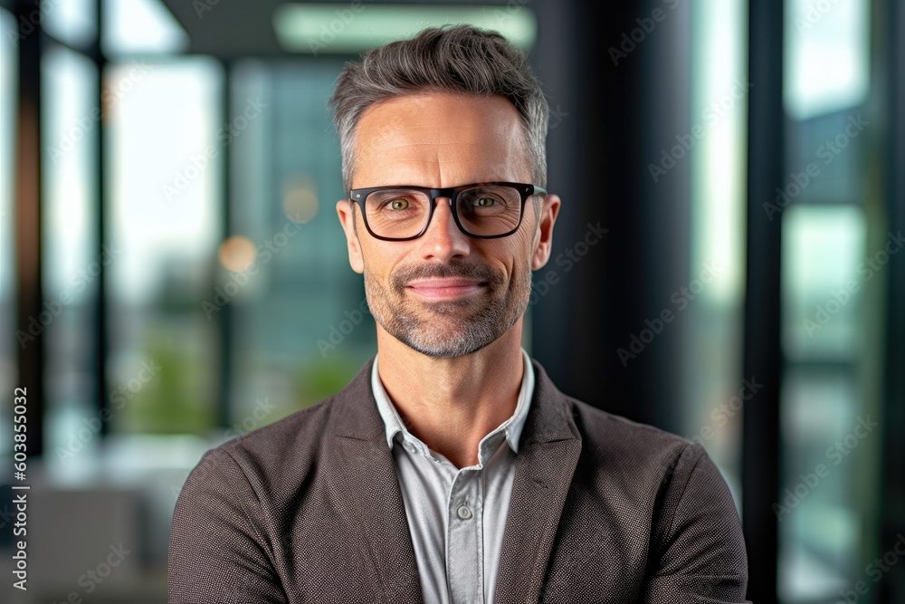 Smiling confident mature businessman looking at camera standing in office. Elegant stylish corporate leader successful ceo executive manager wearing glasses. Generative ai Smiling confident mature businessman looking at camera standing in office. Elegant stylish corporate leader successful ceo executive manager wearing glasses. Generative ai
