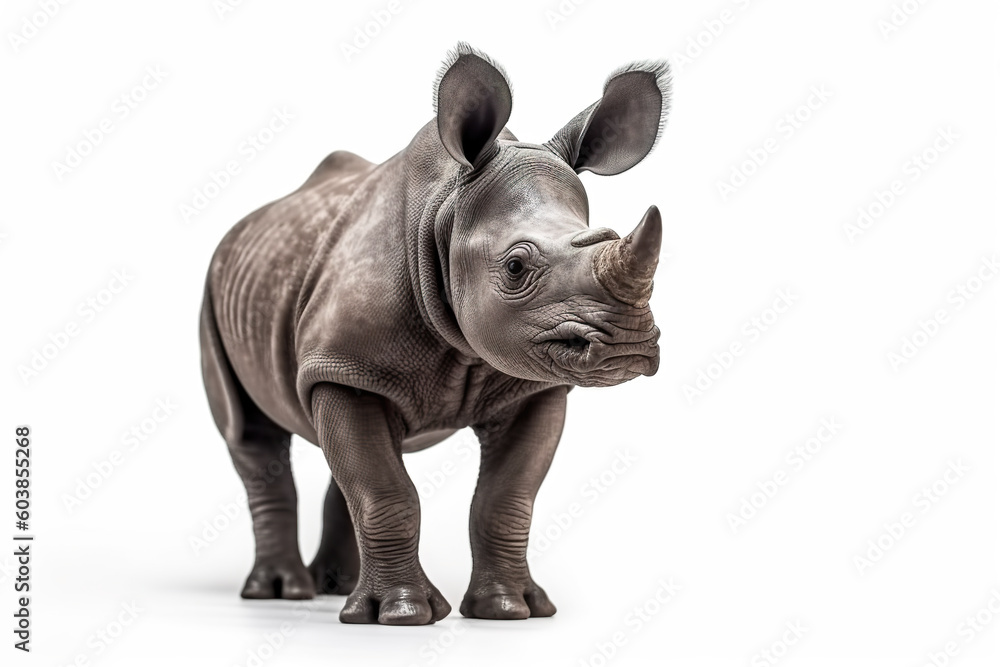 Obraz premium A rhino standing on top of a white surface. Generative AI.