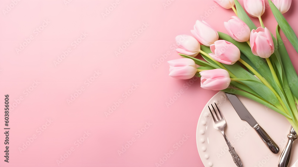 Festive creative table setting plate and tulip bouquet on pink background. Women's Day and Mother's Day Festive creative table setting plate and tulip bouquet on pink background. Women's Day and Mother's Day