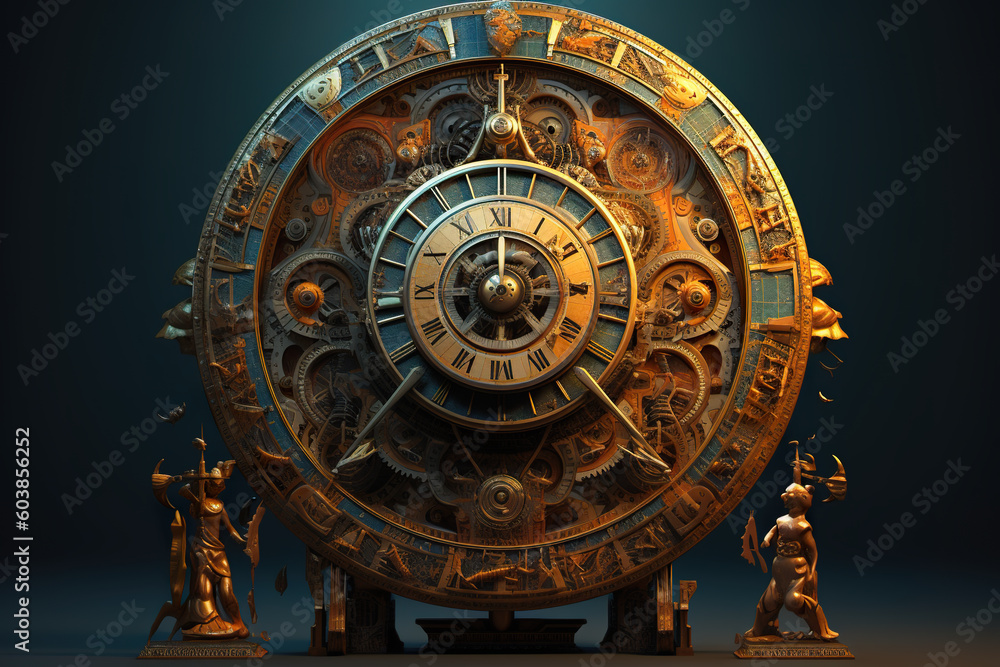 A very large astrological clock with some statues around it. Generative AI.