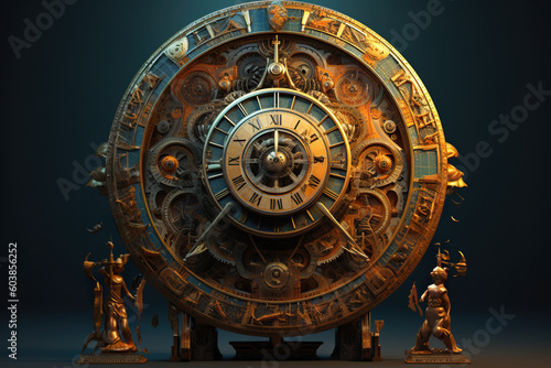 A very large astrological clock with some statues around it. Generative AI.