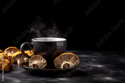 Cups of coffee and mushrooms on a plate. Generative AI. Coffee with mushrooms