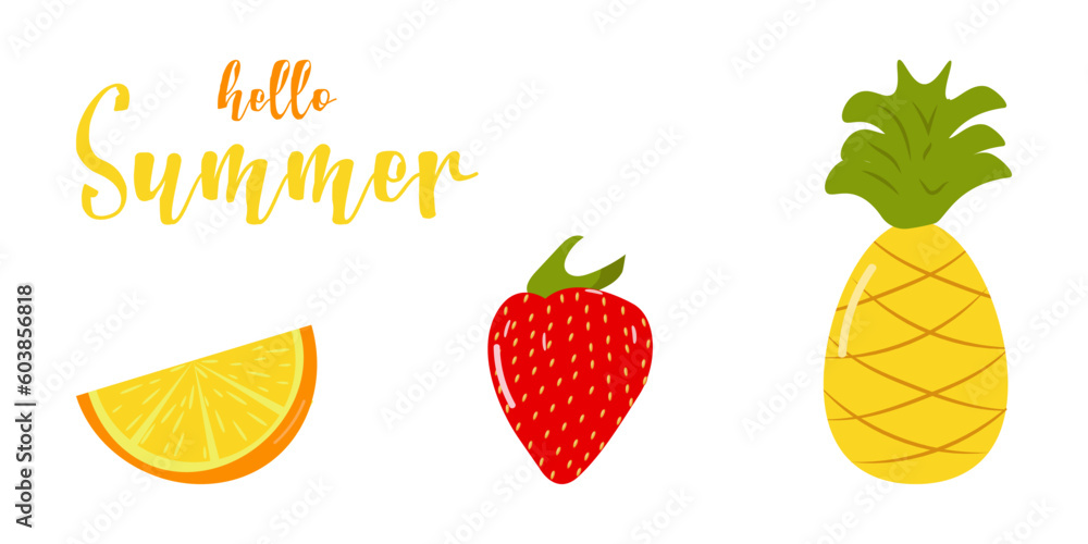 Set of summer elements, beach, summer accessory. Orange, pineapple, strawberry. Rest. Vector flat illustration. Set of summer elements, beach, summer accessory. Orange, pineapple, strawberry. Rest. Vector flat illustration.