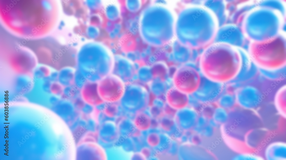A blurred abstract background of blue and pink bubbles against a blue background.