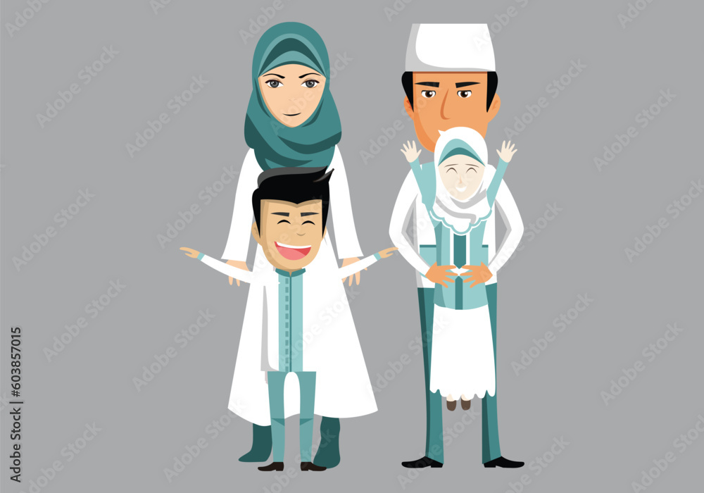 cartoon muslim family posing