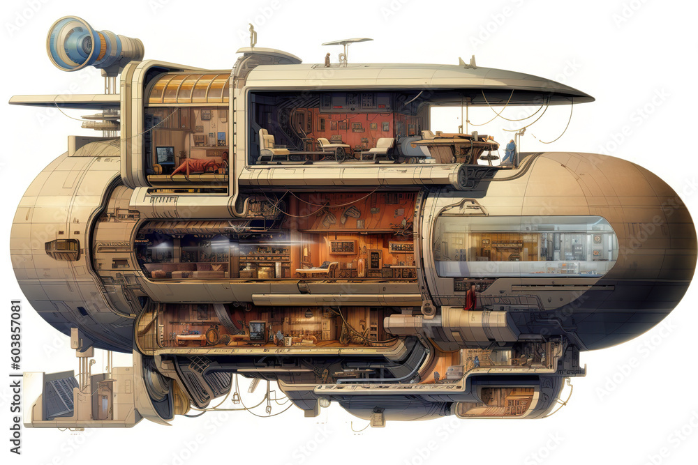 A cutaway model of a space ship on a white background. Generative AI.