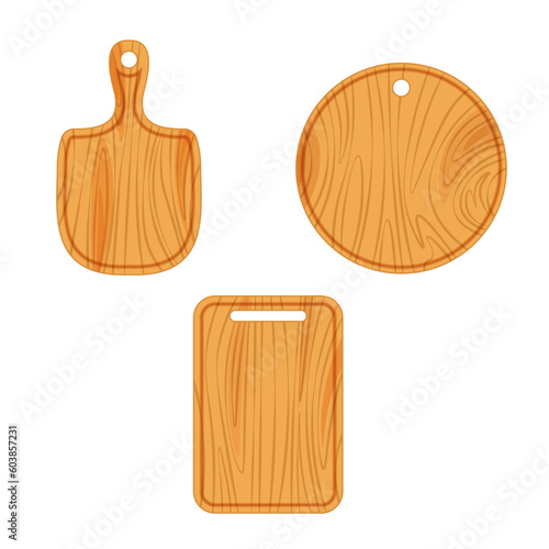 Wooden different cutting board set. Wood kitchen utensils. Vector illustration isolated on white background.