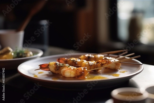 Shrimp skewers. Grilled shrimp on sticks. Generative AI.