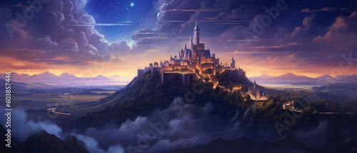 antasy landscape, magical castle on a hill, night sky, stars
