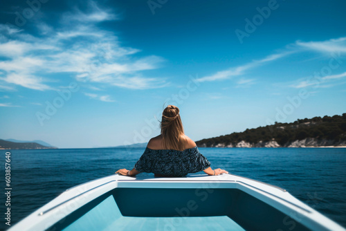 View from behind woman relaxing on a luxury boat. Generative AI 
