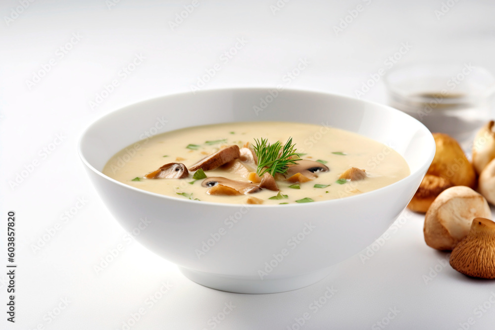 Mushroom soup with bread and fresh mushrooms, autumn seasonal cream soup with vegetables. Generative A Mushroom soup with bread and fresh mushrooms, autumn seasonal cream soup with vegetables. Generative A
