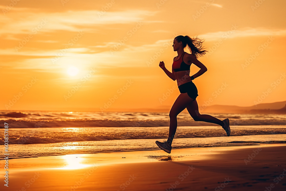 Fitness woman running on a beach at sunrise