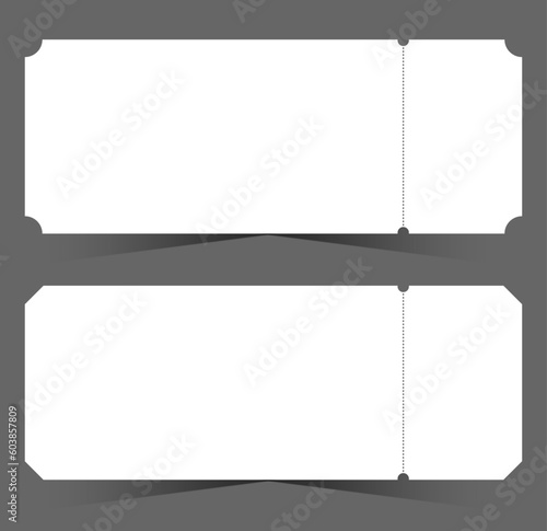 White blank ticket templates with shadow isolated on the gray background.