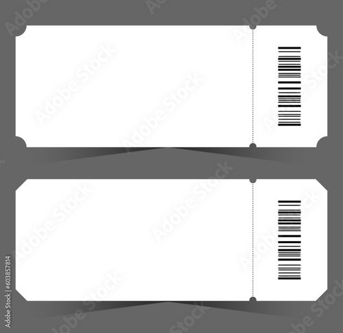 White blank ticket templates with shadow and barcode isolated on the gray background.