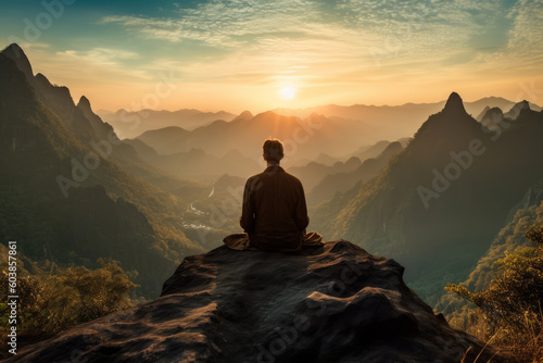 Man meditating on a mountain peak, sunrise illuminating the valley below