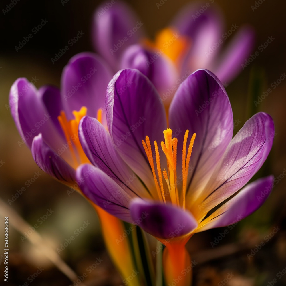 Fototapeta premium Flowers with orange pistil and stamens. Close up of crocus flower. (Generative AI)