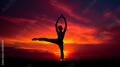 silhouette performing a yoga pose against a vibrant sunset