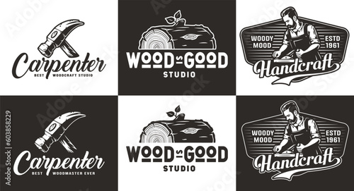 Set of bearded carpenter, log and hammer for logo of carpentry or wood carving. Woodworker with jointer in his hands for design of workshop or woodworking