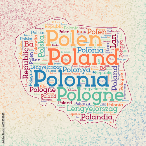 Poland shape whith country names word cloud in multiple languages. Poland border map on authentic triangles scattered around. Captivating vector illustration.