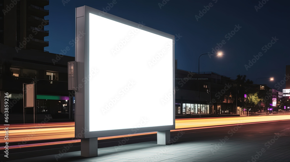 blank png glowing billboard  on the night city street. by ai generative