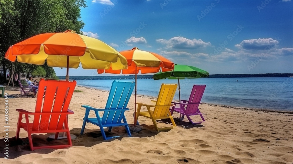 beach chairs and umbrellas on the beach in summer