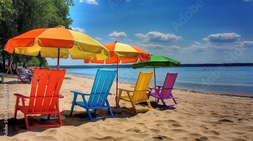 beach chairs and umbrellas on the beach in summer