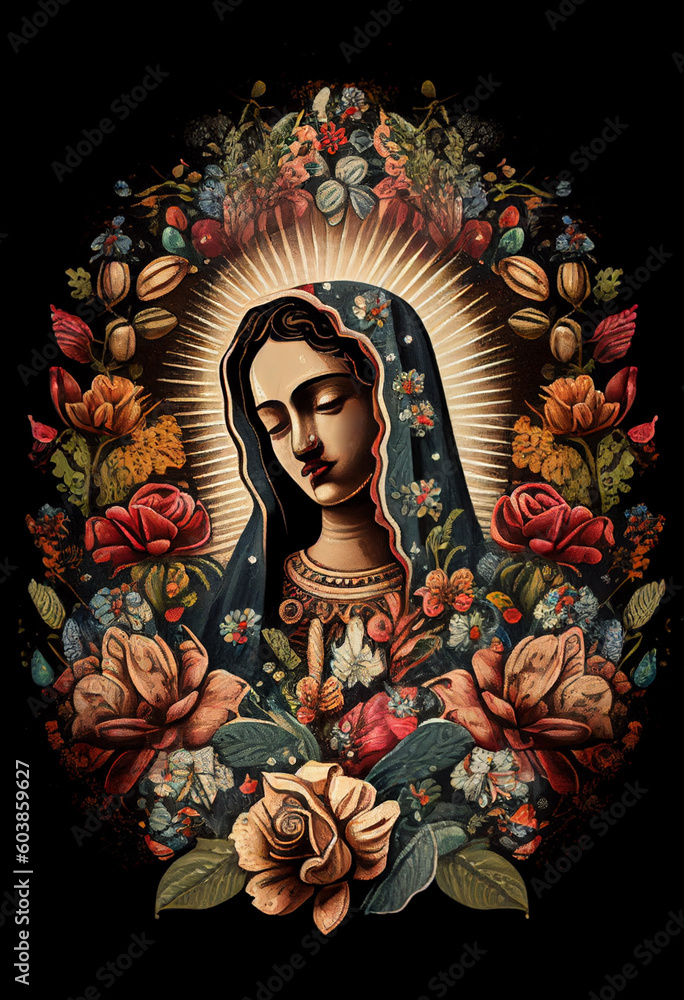 Mexican style Mother of God among the flowers, generative AI