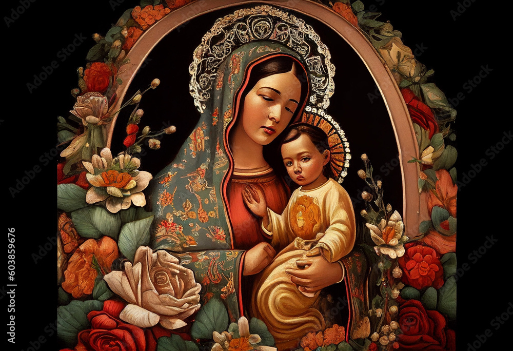 Obraz premium Mother of God with baby Jesus in Mexican style among flowers, generative AI