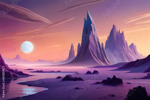 A landscape with a mountain and a moon in the sky Generative AI