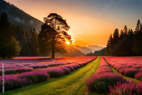 A field of lavender with the sun setting behind it Generative AI