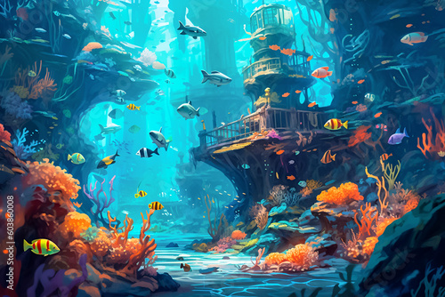 Magical sea underwater world with sea animals.