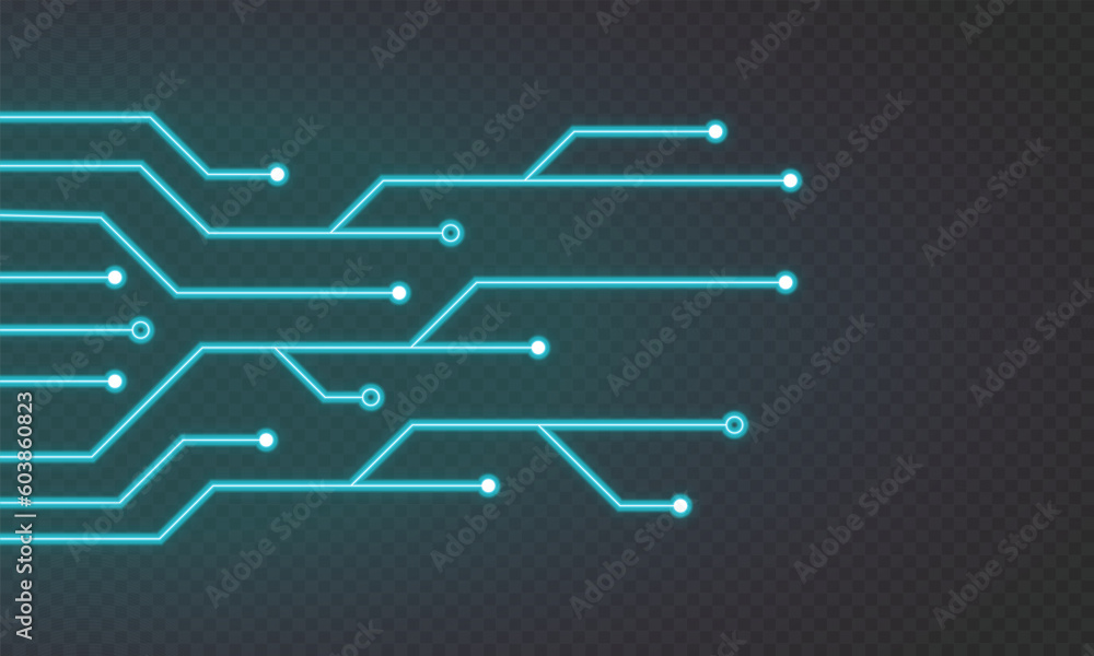 Glowing blue neon circuit board lines. Abstract technology neon circuit board. Digital circuit board elements. Modern tech design. Vector illustration Glowing blue neon circuit board lines. Abstract technology neon circuit board. Digital circuit board elements. Modern tech design. Vector illustration