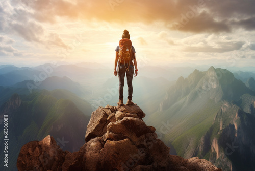 a young woman standing at the top of the mountain, in the style of highly realistic, firecore, cloudcore, national geographic style