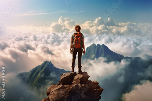 woman walking on the summit of a mountain overlooking clouds, in the style of realistic portrayal, adventure themed