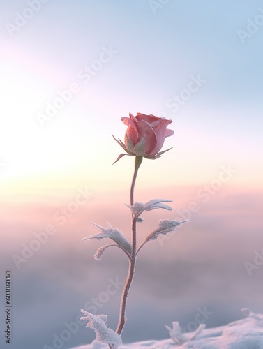 Rose in the snow on the background of the morning sky and clouds. Created with generative AI technology.