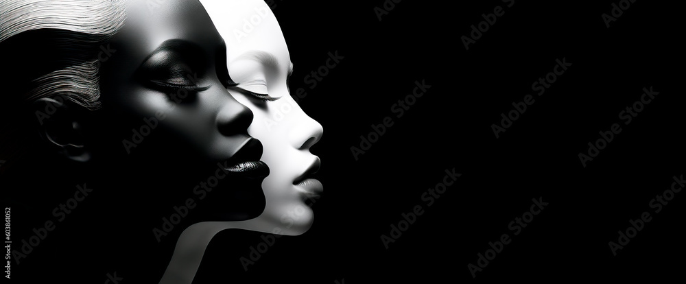 Contrasting Beauty. Captivating Black and White Female Models in a Mesmerizing Head Image. Generative AI.
